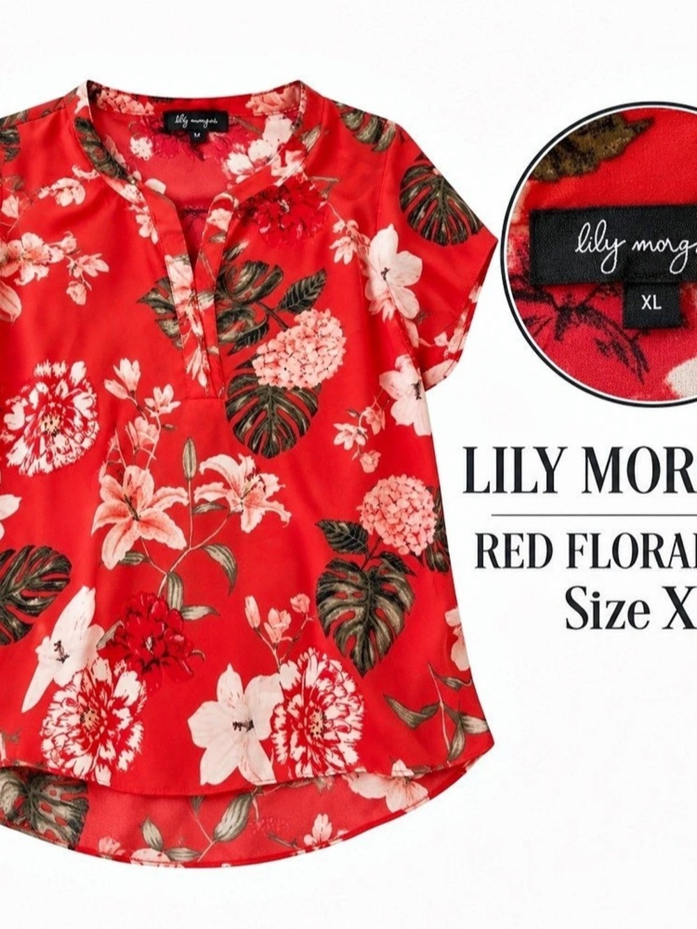 Lily Morgan Floral Blouse in Red & White Size XL Like New